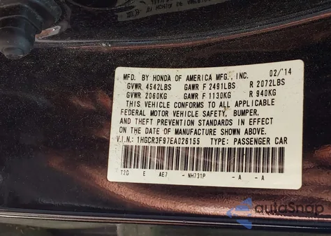 2014 Honda Accord Touring from USA, damaged, VIN 1HGCR3F97EA026155